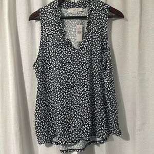 NWT Loft Size Large Navy and white mixed media ruffle neck sleeveless blouse.